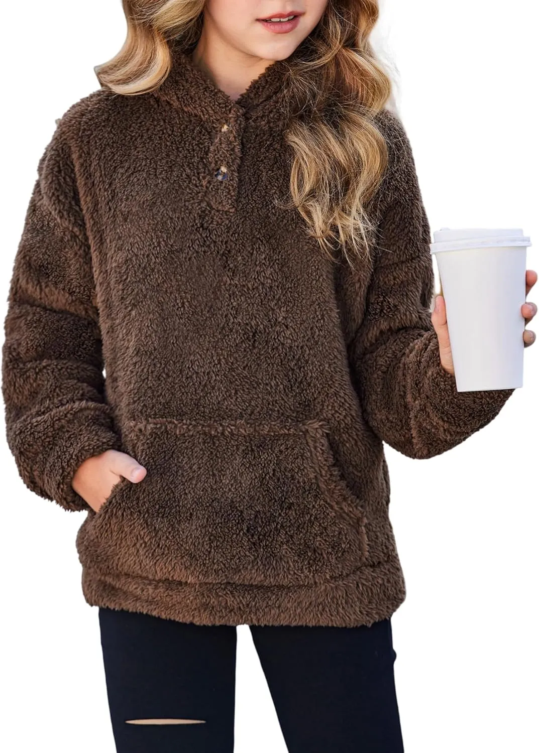 Arshiner Girls Hoodie Sherpa Fleece Pullover Hooded Sweatshirt for Girl Button Up Casual Outerwear Coat With Pockets