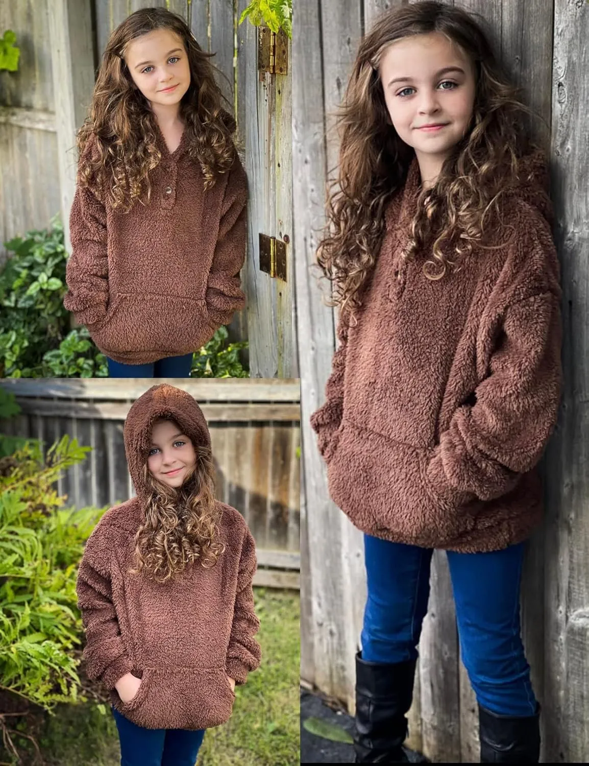 Arshiner Girls Hoodie Sherpa Fleece Pullover Hooded Sweatshirt for Girl Button Up Casual Outerwear Coat With Pockets