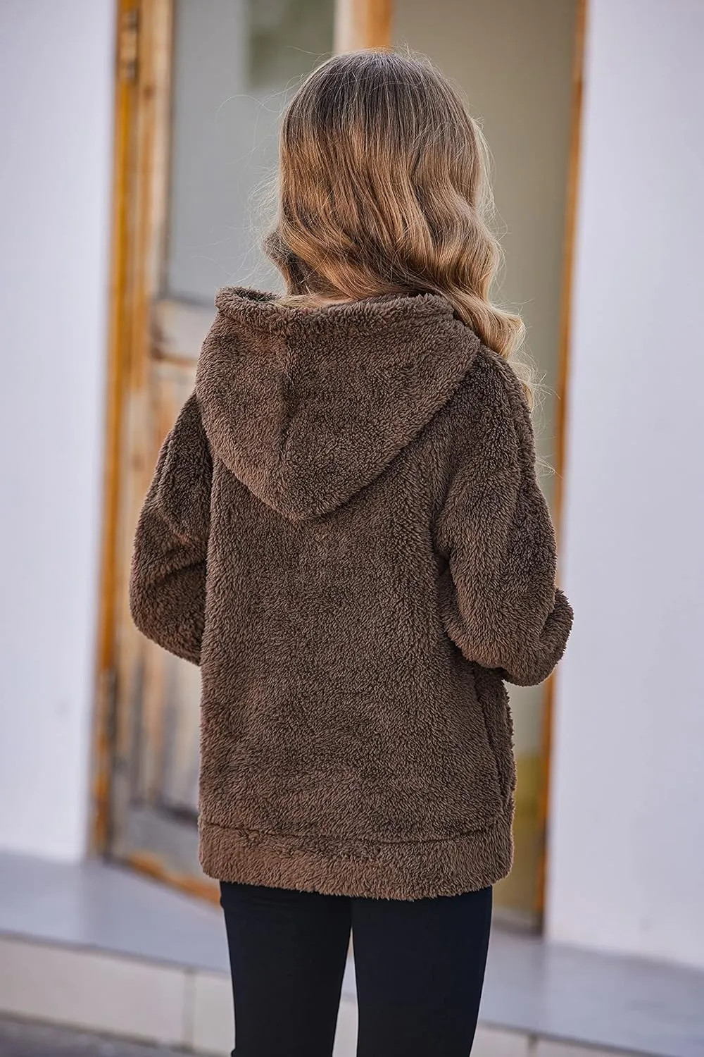 Arshiner Girls Hoodie Sherpa Fleece Pullover Hooded Sweatshirt for Girl Button Up Casual Outerwear Coat With Pockets
