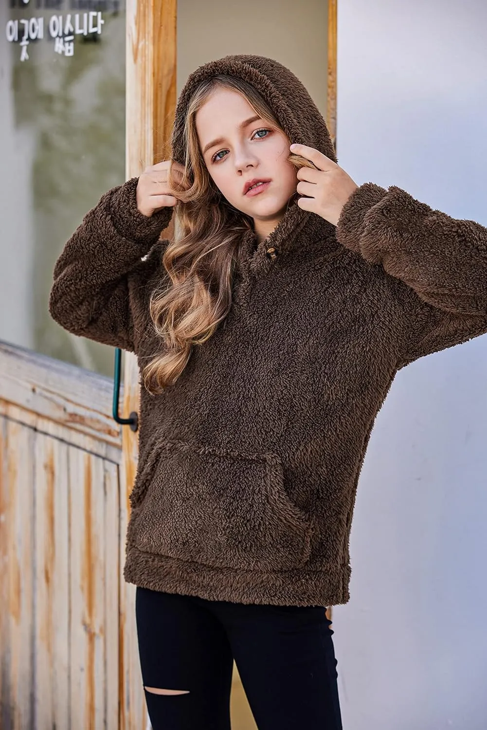 Arshiner Girls Hoodie Sherpa Fleece Pullover Hooded Sweatshirt for Girl Button Up Casual Outerwear Coat With Pockets