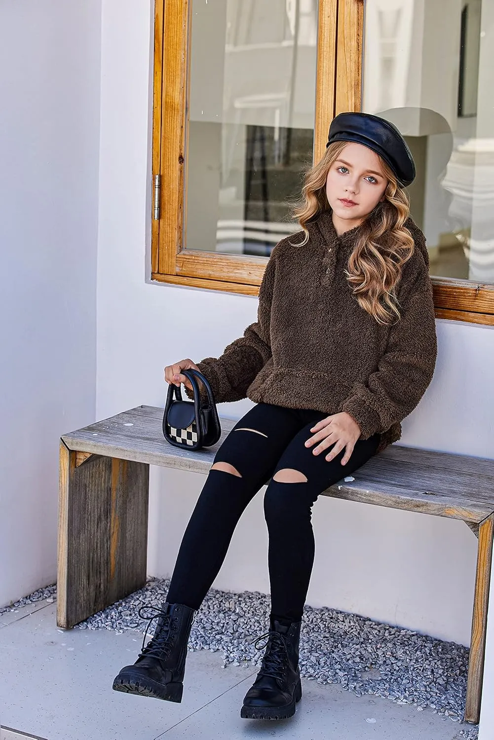 Arshiner Girls Hoodie Sherpa Fleece Pullover Hooded Sweatshirt for Girl Button Up Casual Outerwear Coat With Pockets