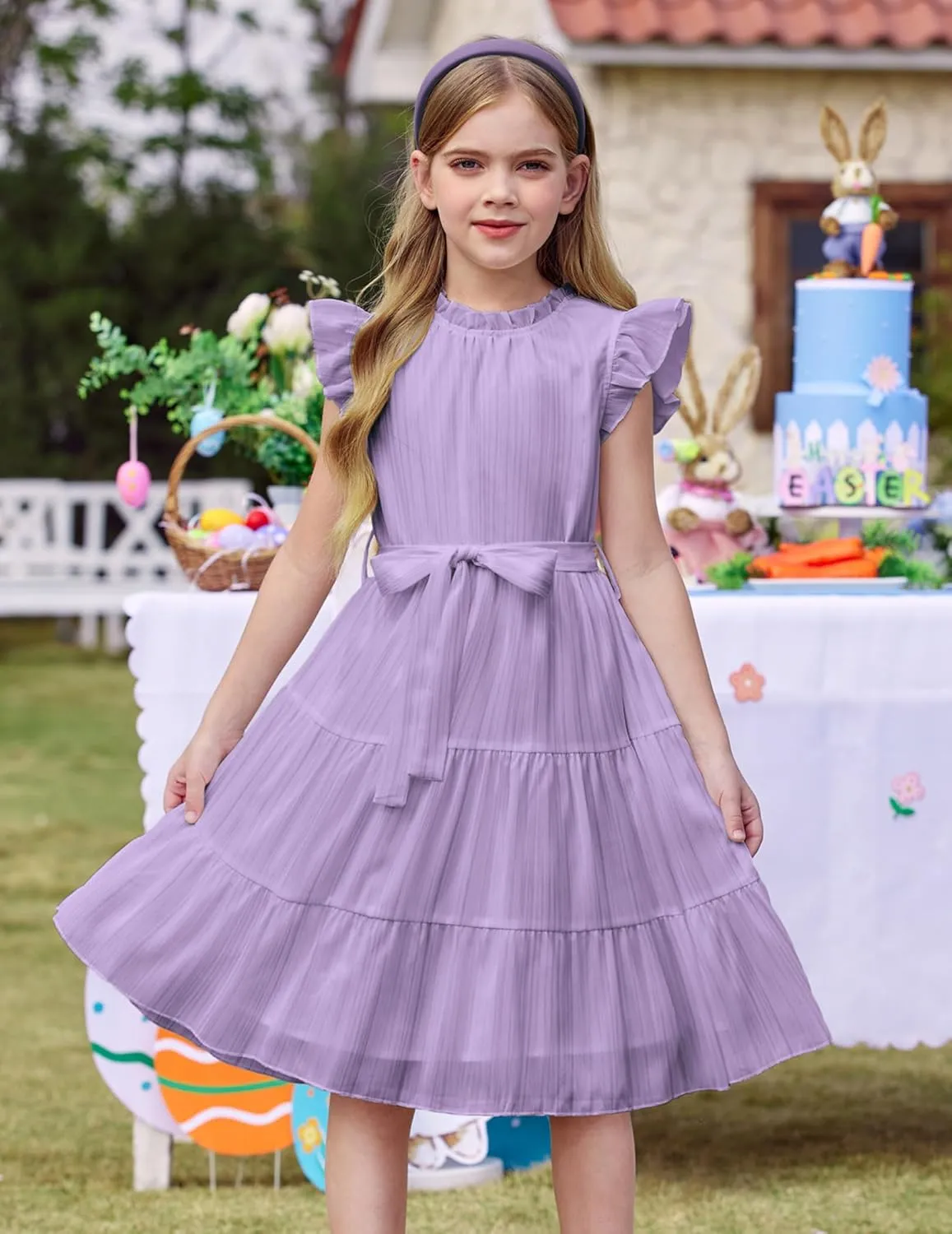 Arshiner Tween Girls Summer Dress Formal Ruffle Sleeve A Line Casual Elegant Dresses with Belt