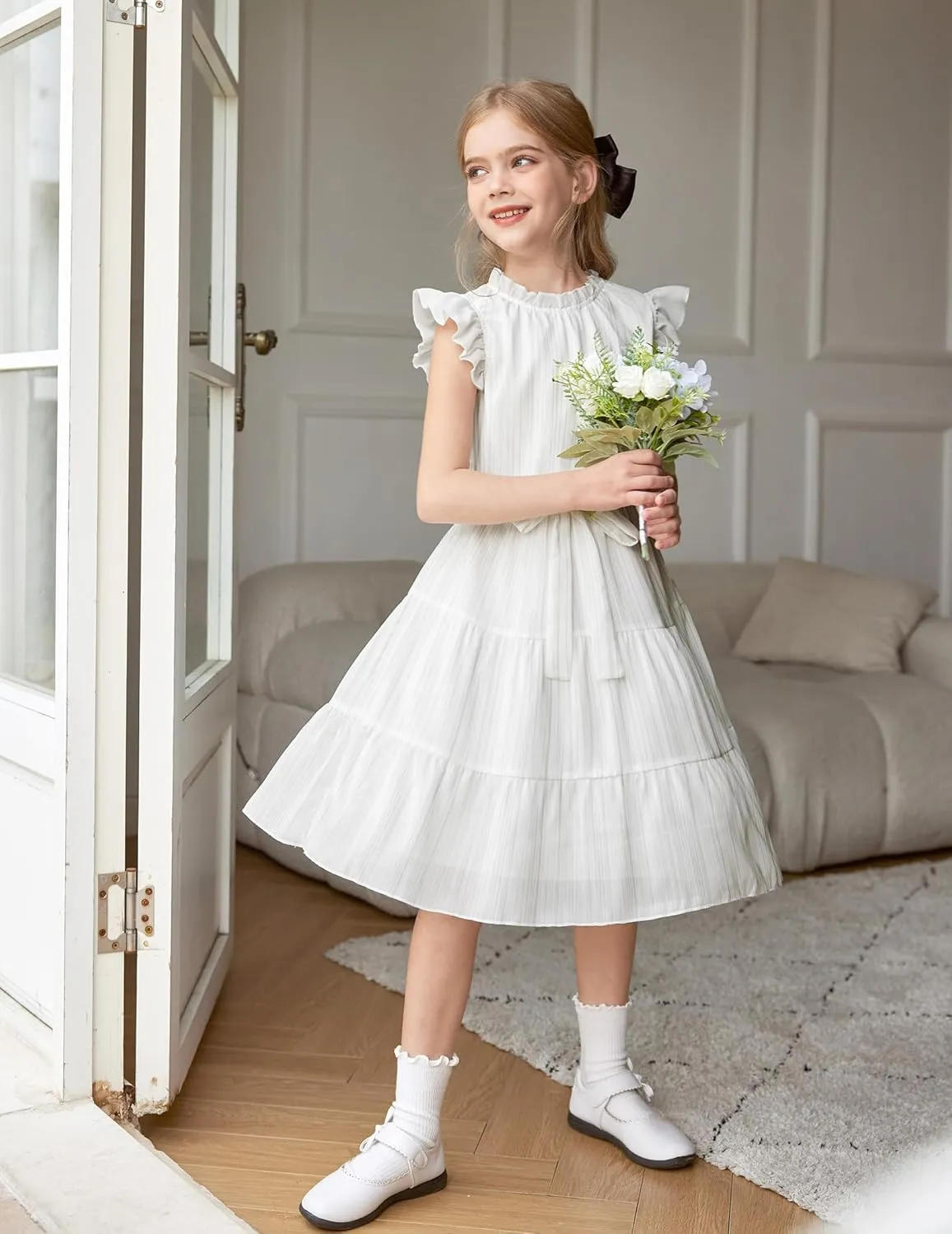 Arshiner Tween Girls Summer Dress Formal Ruffle Sleeve A Line Casual Elegant Dresses with Belt