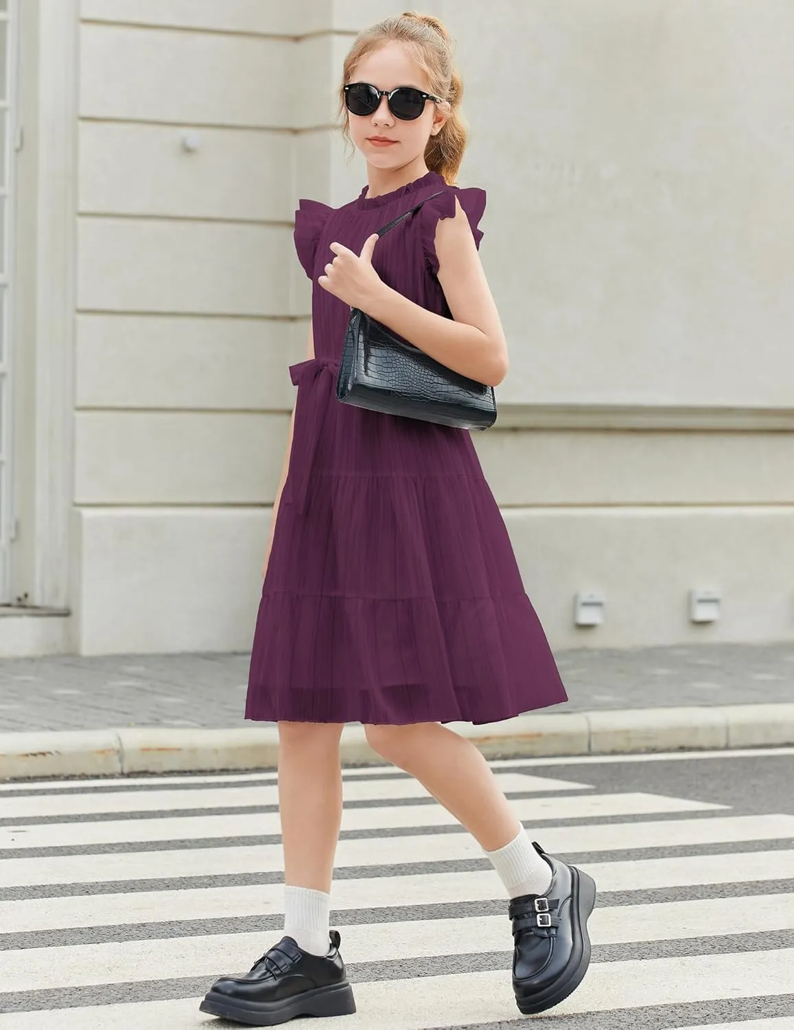 Arshiner Tween Girls Summer Dress Formal Ruffle Sleeve A Line Casual Elegant Dresses with Belt