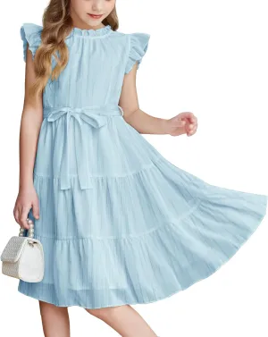 Arshiner Tween Girls Summer Dress Formal Ruffle Sleeve A Line Casual Elegant Dresses with Belt