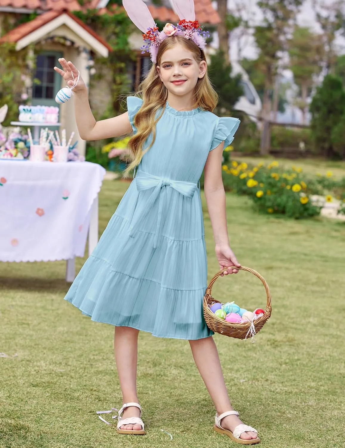 Arshiner Tween Girls Summer Dress Formal Ruffle Sleeve A Line Casual Elegant Dresses with Belt