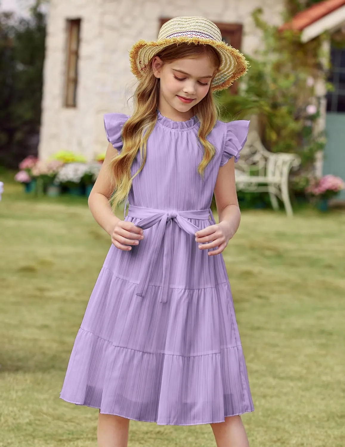 Arshiner Tween Girls Summer Dress Formal Ruffle Sleeve A Line Casual Elegant Dresses with Belt
