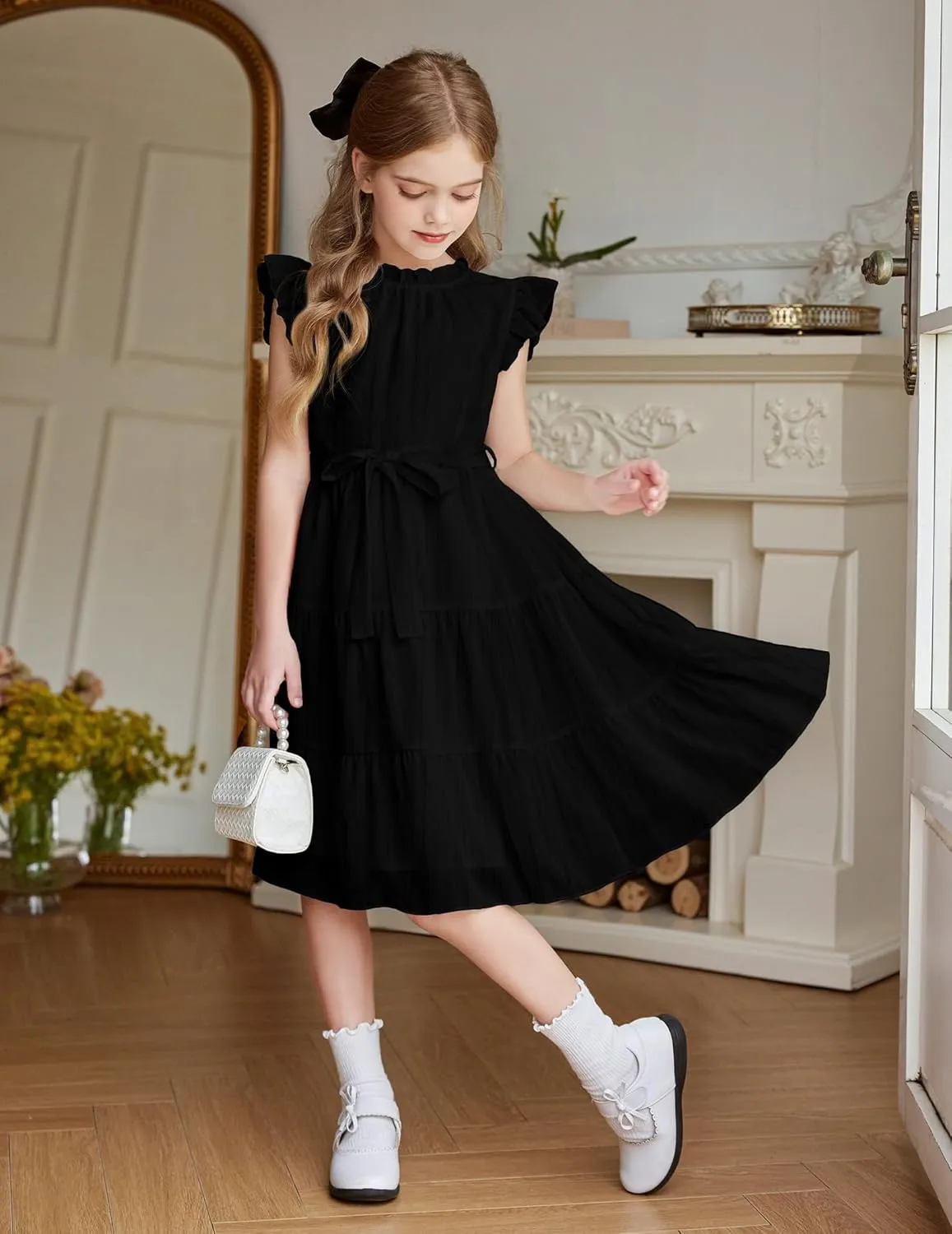 Arshiner Tween Girls Summer Dress Formal Ruffle Sleeve A Line Casual Elegant Dresses with Belt