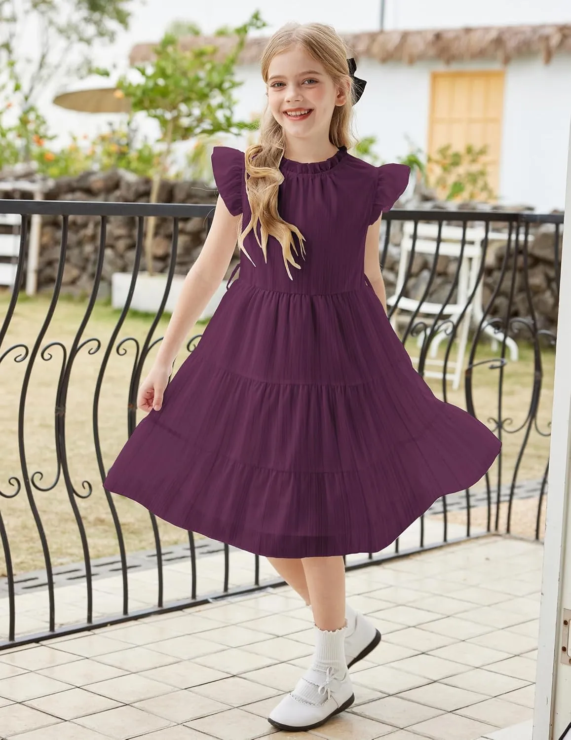 Arshiner Tween Girls Summer Dress Formal Ruffle Sleeve A Line Casual Elegant Dresses with Belt