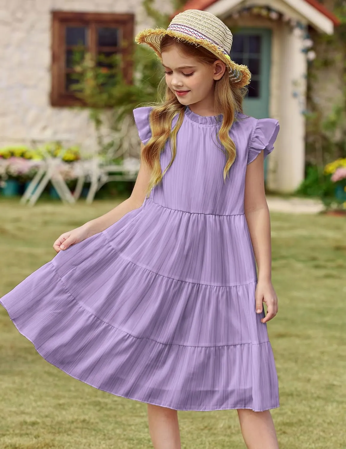 Arshiner Tween Girls Summer Dress Formal Ruffle Sleeve A Line Casual Elegant Dresses with Belt