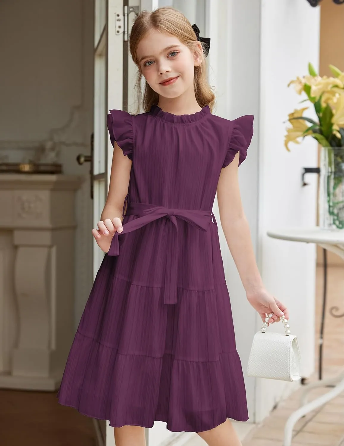 Arshiner Tween Girls Summer Dress Formal Ruffle Sleeve A Line Casual Elegant Dresses with Belt