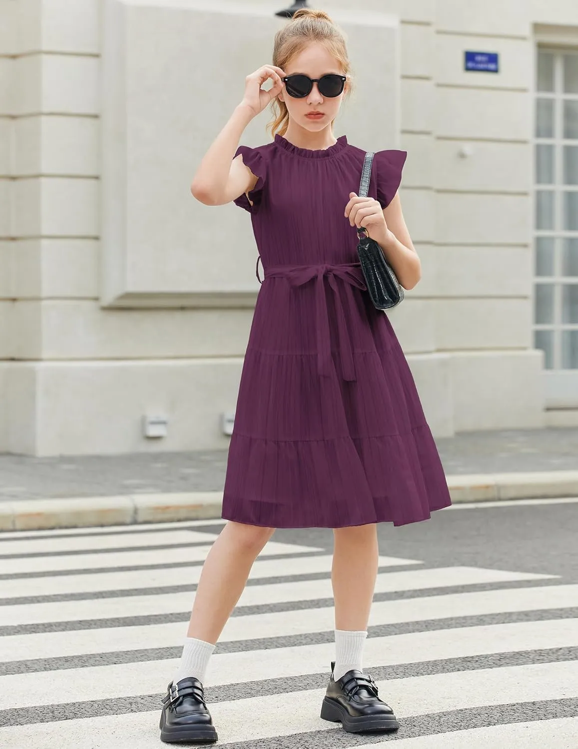 Arshiner Tween Girls Summer Dress Formal Ruffle Sleeve A Line Casual Elegant Dresses with Belt