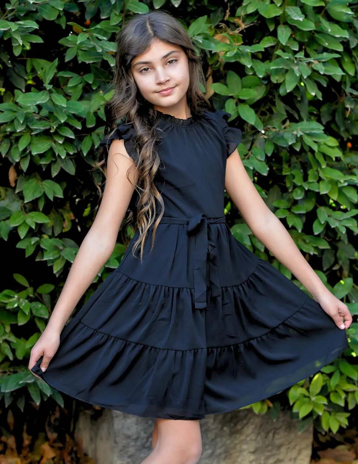 Arshiner Tween Girls Summer Dress Formal Ruffle Sleeve A Line Casual Elegant Dresses with Belt
