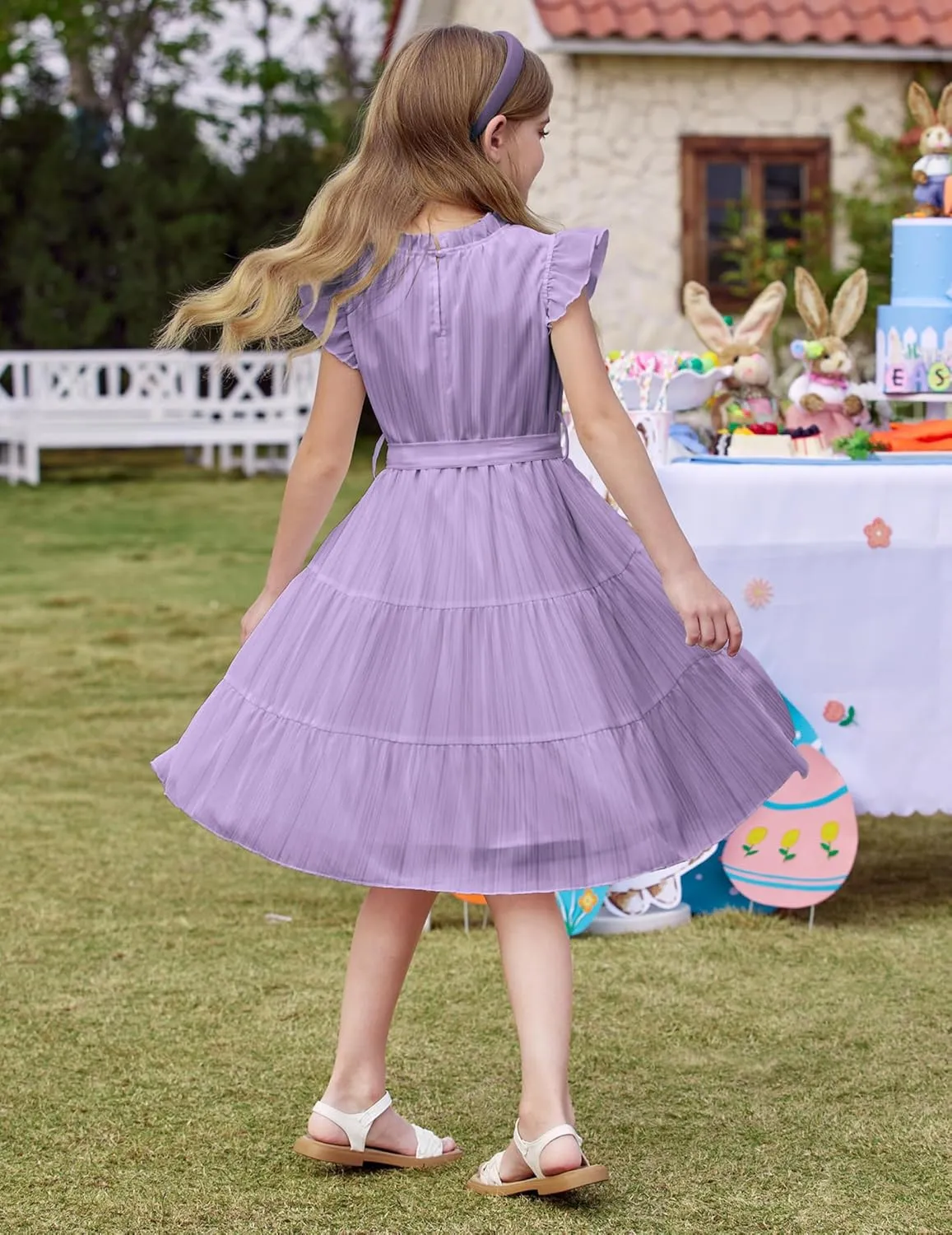 Arshiner Tween Girls Summer Dress Formal Ruffle Sleeve A Line Casual Elegant Dresses with Belt