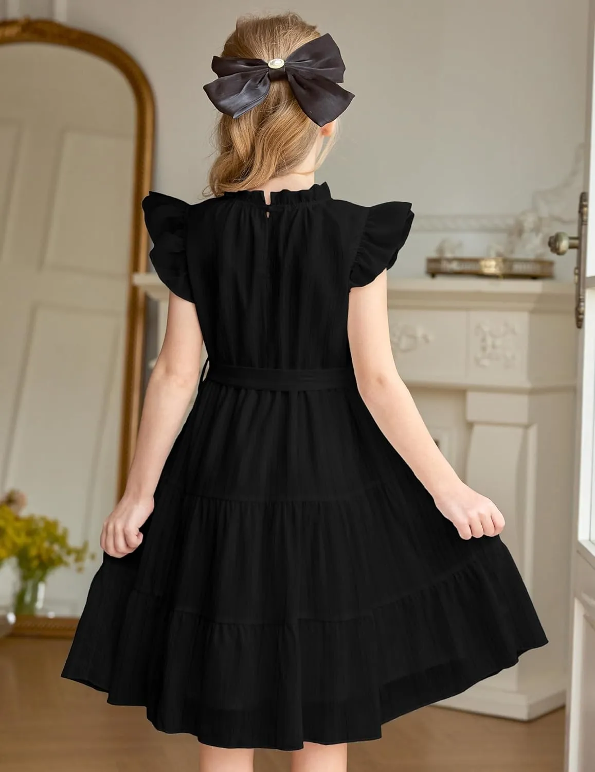 Arshiner Tween Girls Summer Dress Formal Ruffle Sleeve A Line Casual Elegant Dresses with Belt
