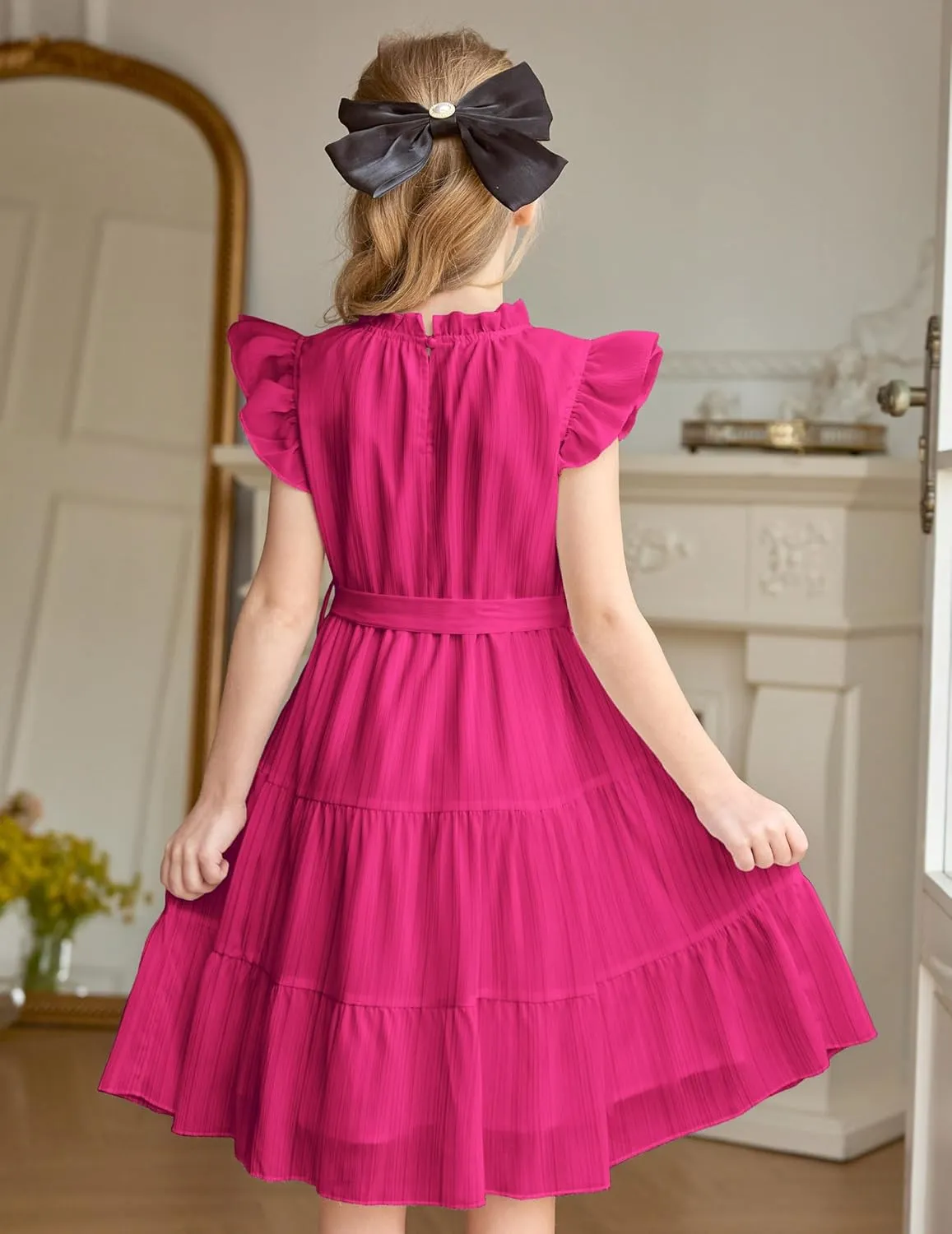Arshiner Tween Girls Summer Dress Formal Ruffle Sleeve A Line Casual Elegant Dresses with Belt
