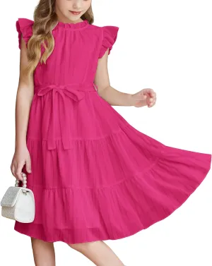 Arshiner Tween Girls Summer Dress Formal Ruffle Sleeve A Line Casual Elegant Dresses with Belt