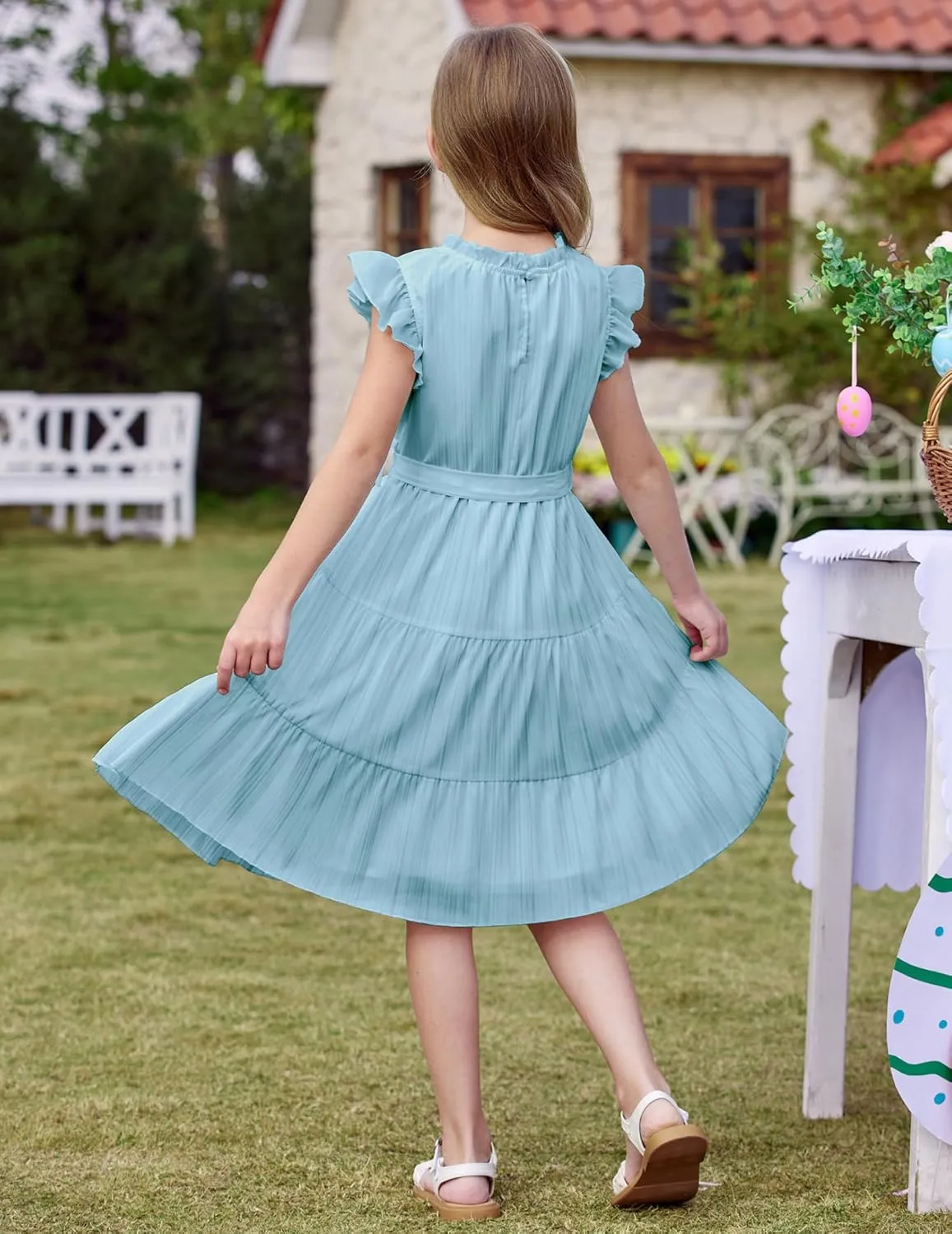 Arshiner Tween Girls Summer Dress Formal Ruffle Sleeve A Line Casual Elegant Dresses with Belt