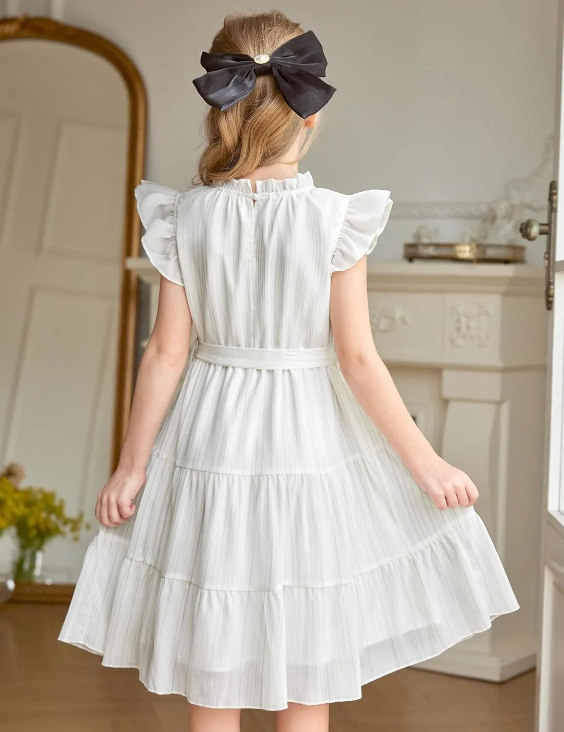 Arshiner Tween Girls Summer Dress Formal Ruffle Sleeve A Line Casual Elegant Dresses with Belt