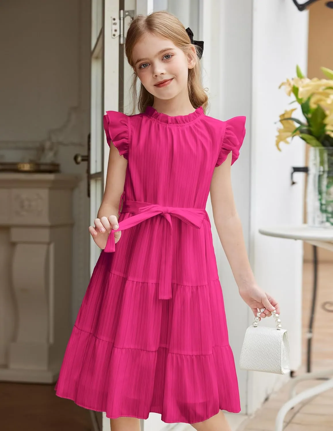 Arshiner Tween Girls Summer Dress Formal Ruffle Sleeve A Line Casual Elegant Dresses with Belt