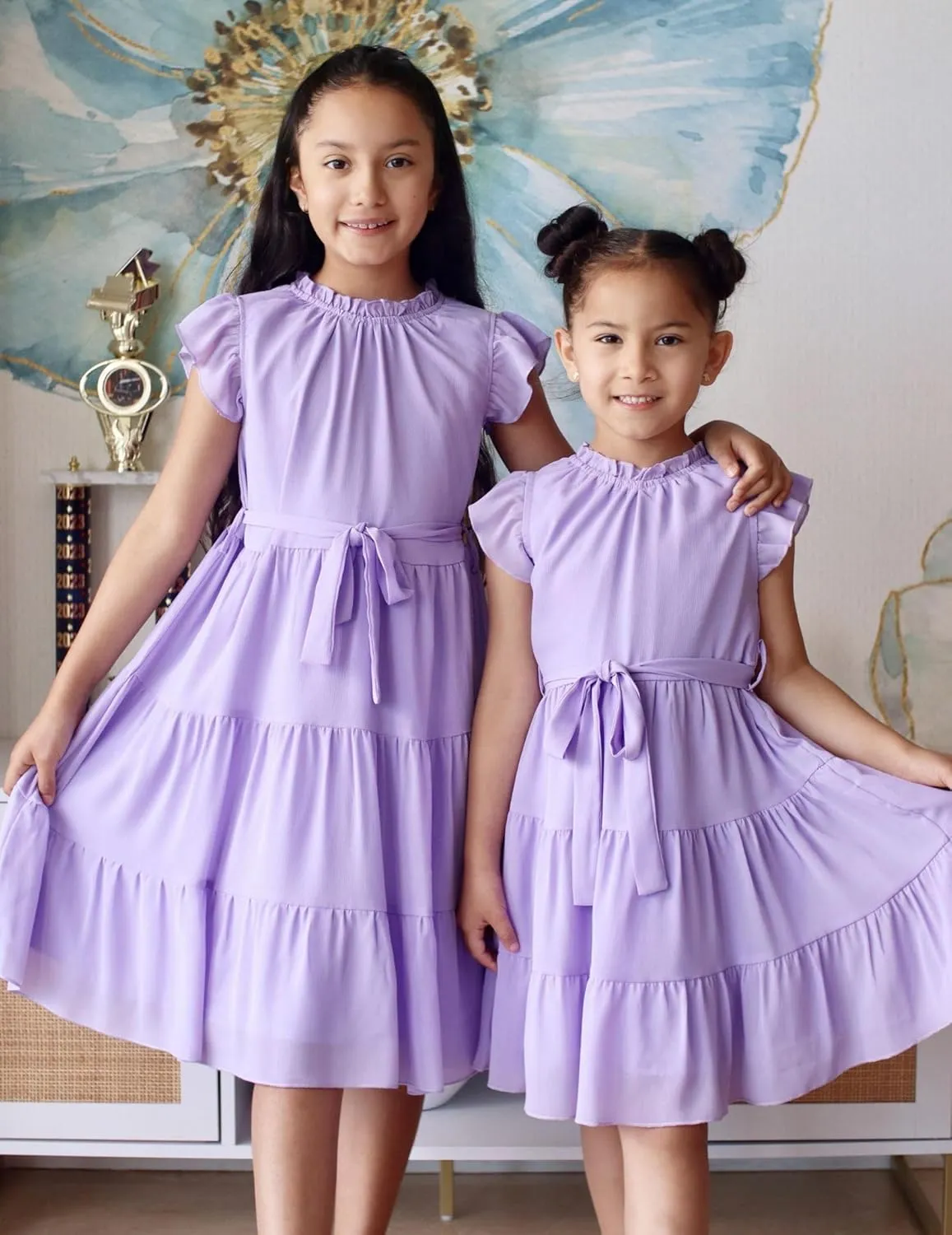 Arshiner Tween Girls Summer Dress Formal Ruffle Sleeve A Line Casual Elegant Dresses with Belt
