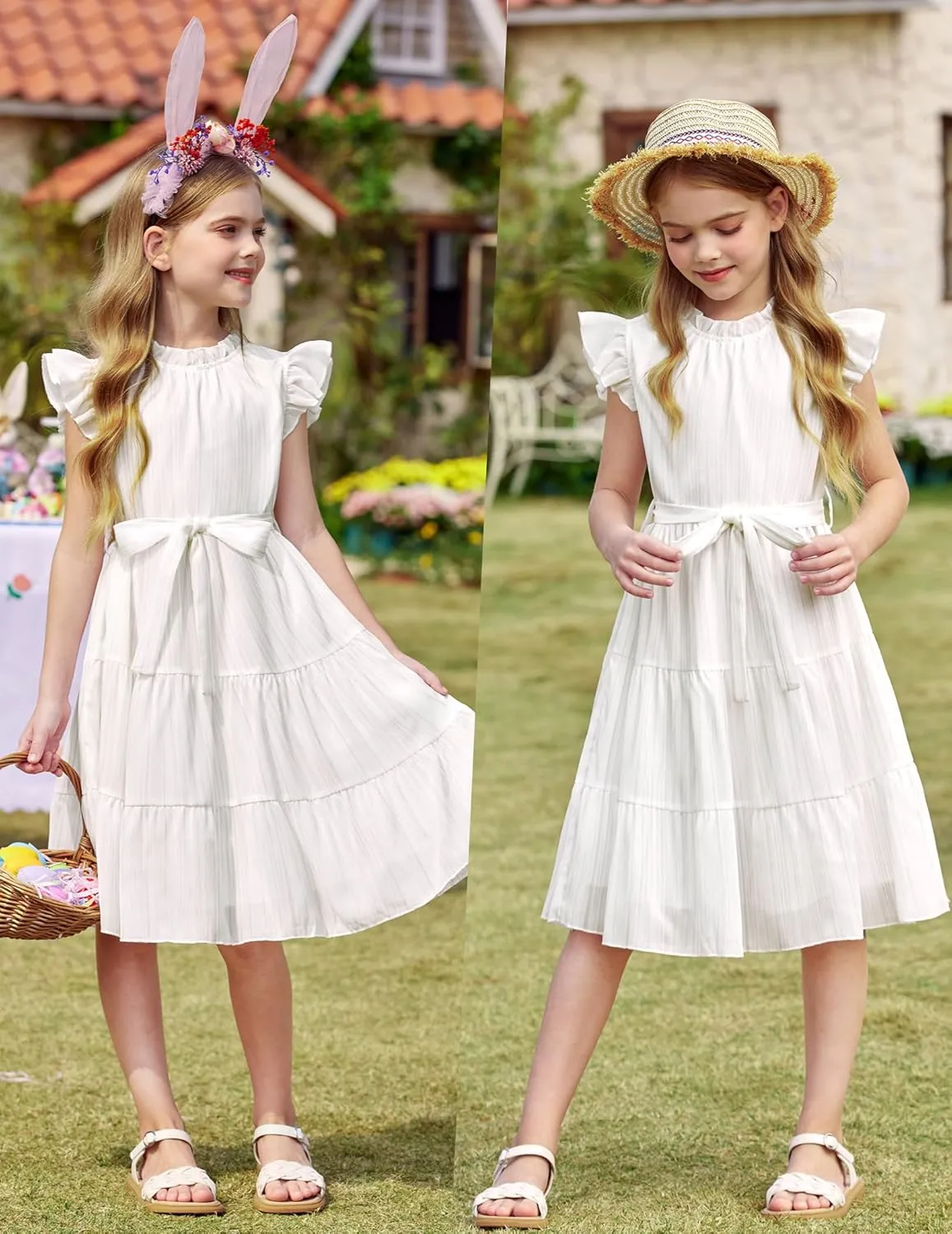 Arshiner Tween Girls Summer Dress Formal Ruffle Sleeve A Line Casual Elegant Dresses with Belt