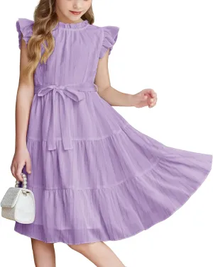 Arshiner Tween Girls Summer Dress Formal Ruffle Sleeve A Line Casual Elegant Dresses with Belt