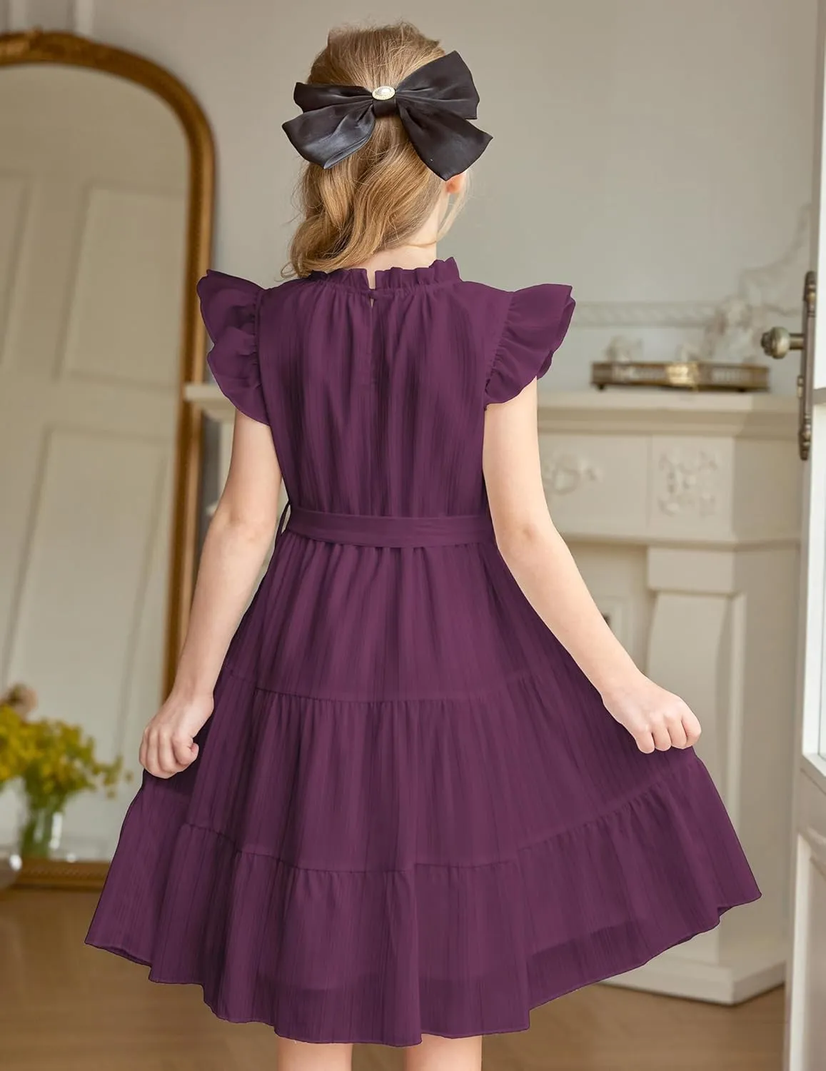 Arshiner Tween Girls Summer Dress Formal Ruffle Sleeve A Line Casual Elegant Dresses with Belt