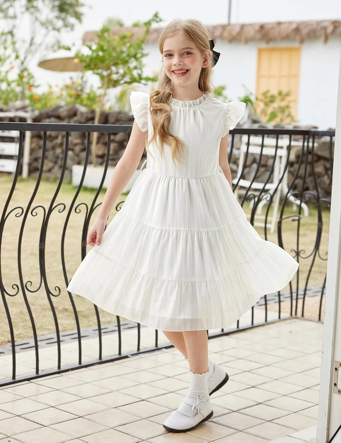 Arshiner Tween Girls Summer Dress Formal Ruffle Sleeve A Line Casual Elegant Dresses with Belt