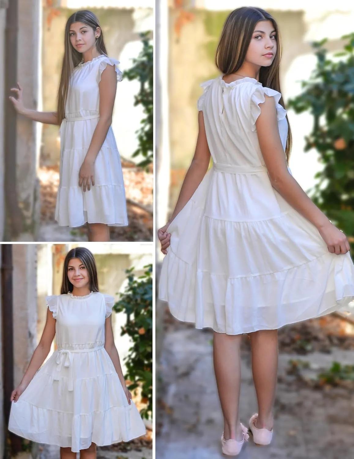 Arshiner Tween Girls Summer Dress Formal Ruffle Sleeve A Line Casual Elegant Dresses with Belt