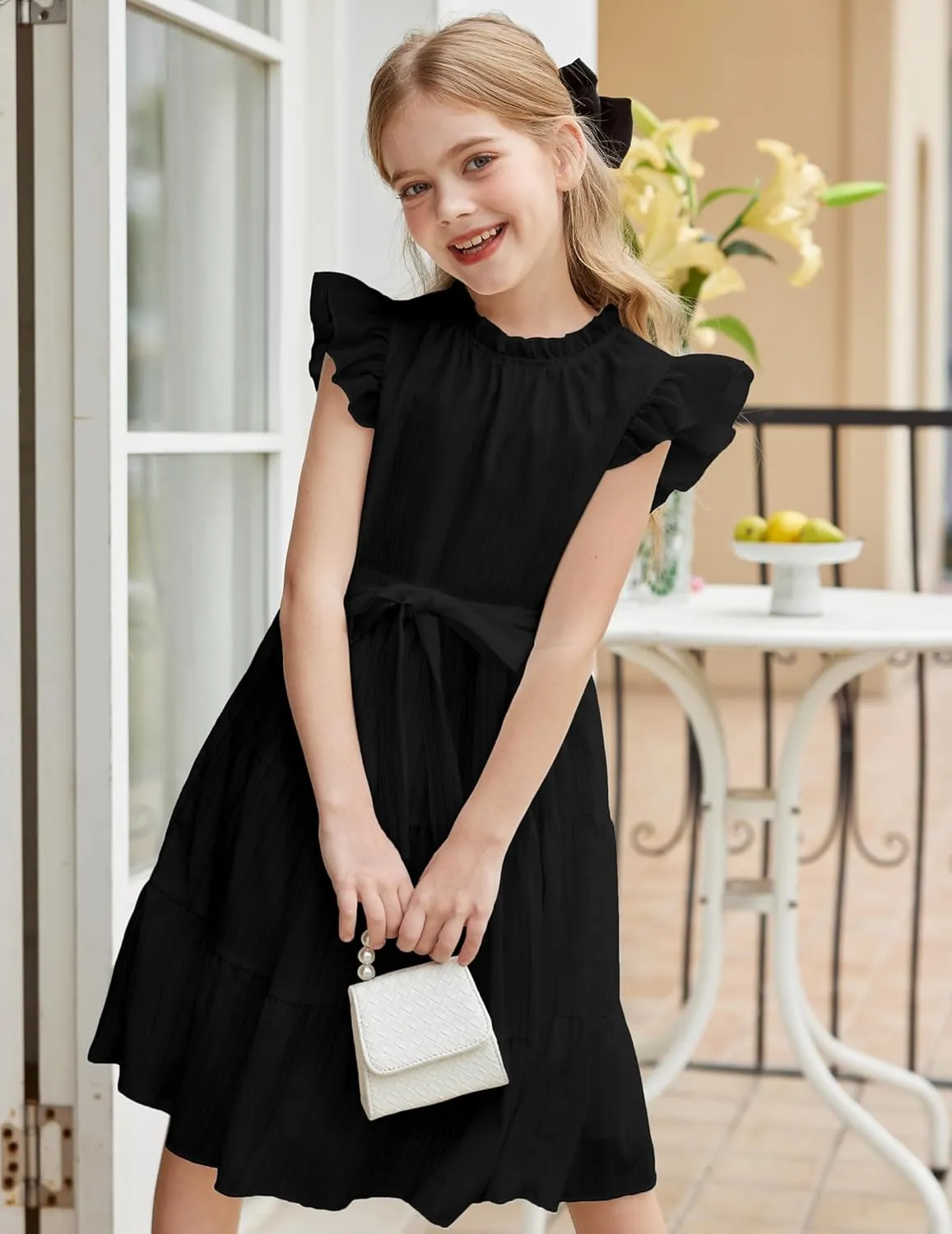 Arshiner Tween Girls Summer Dress Formal Ruffle Sleeve A Line Casual Elegant Dresses with Belt