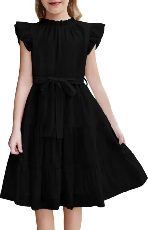 Arshiner Tween Girls Summer Dress Formal Ruffle Sleeve A Line Casual Elegant Dresses with Belt