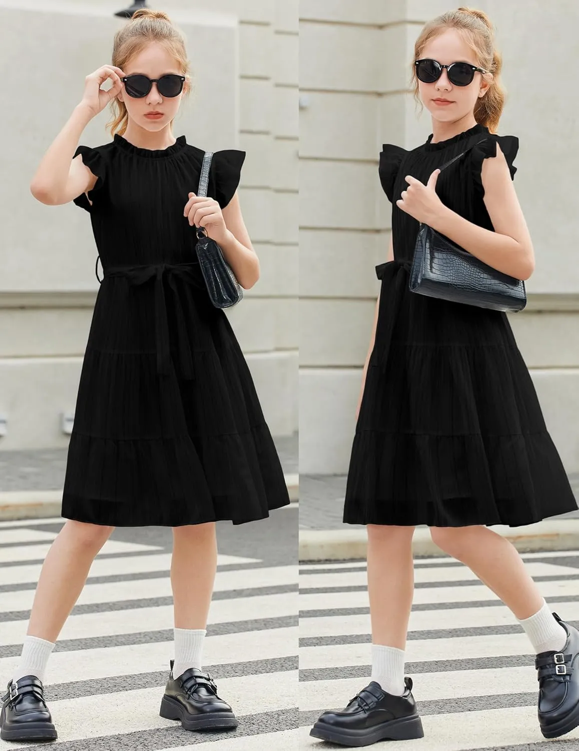 Arshiner Tween Girls Summer Dress Formal Ruffle Sleeve A Line Casual Elegant Dresses with Belt