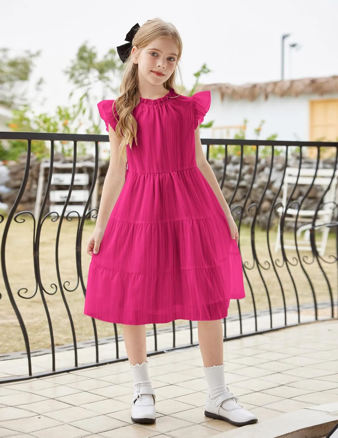 Arshiner Tween Girls Summer Dress Formal Ruffle Sleeve A Line Casual Elegant Dresses with Belt