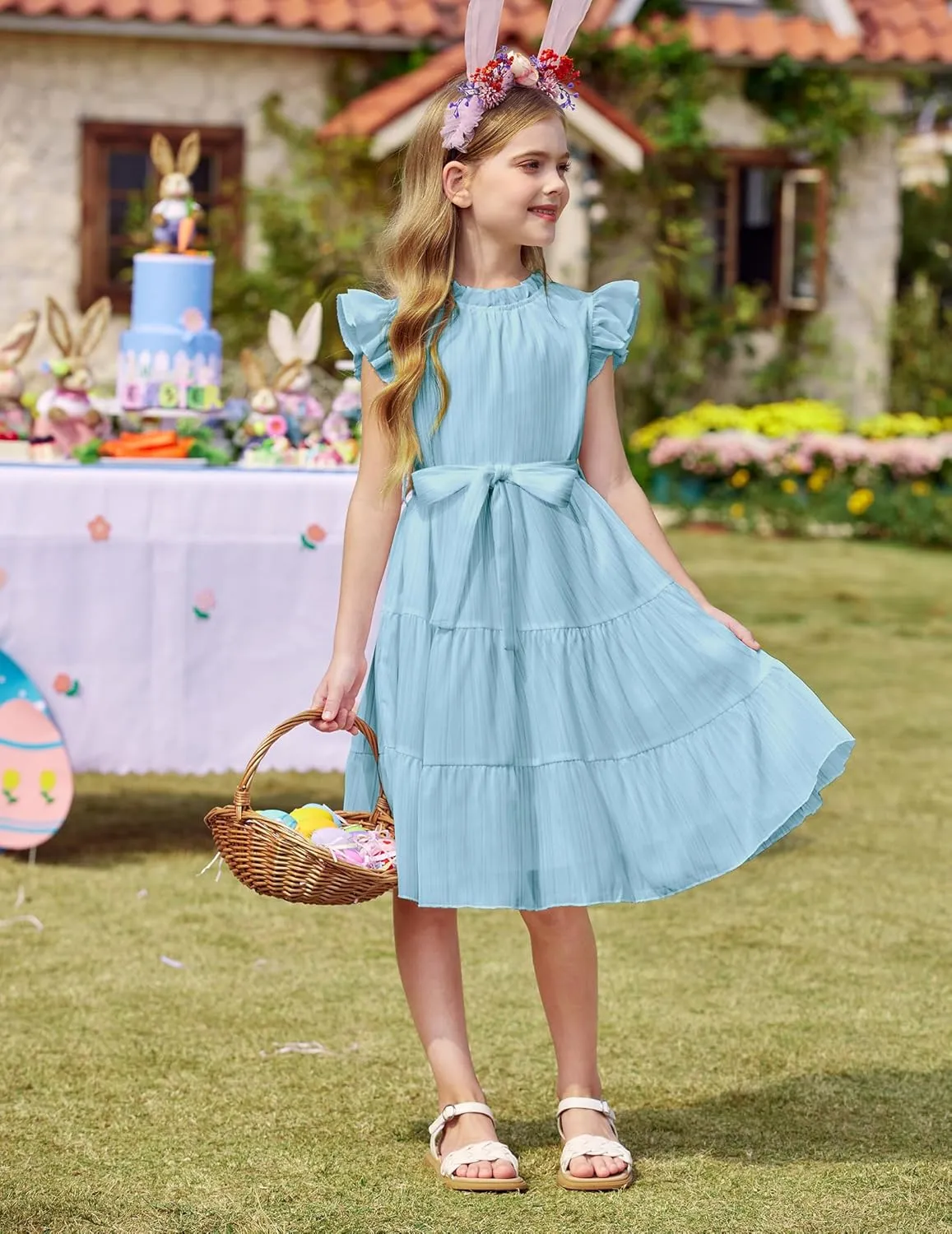 Arshiner Tween Girls Summer Dress Formal Ruffle Sleeve A Line Casual Elegant Dresses with Belt