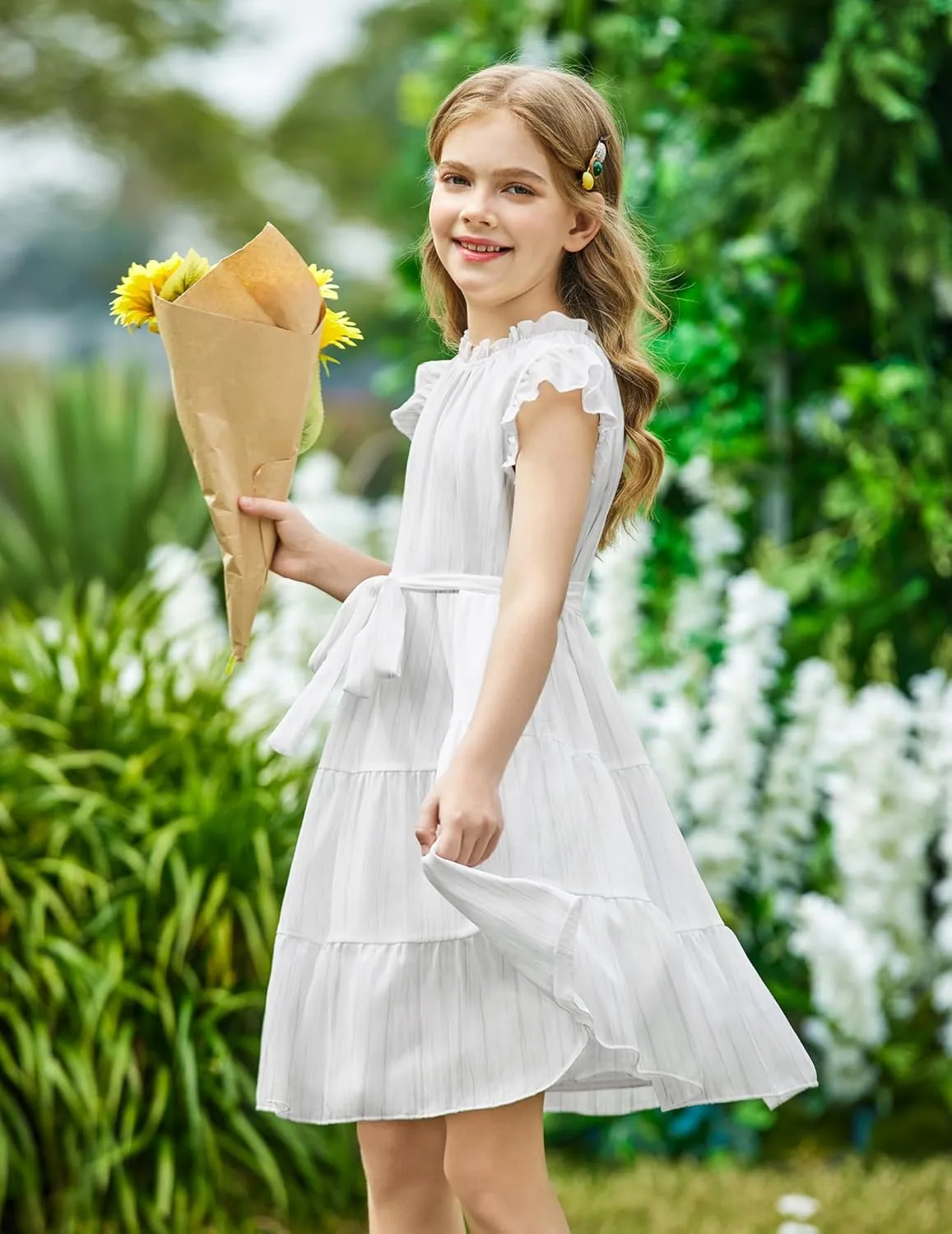 Arshiner Tween Girls Summer Dress Formal Ruffle Sleeve A Line Casual Elegant Dresses with Belt