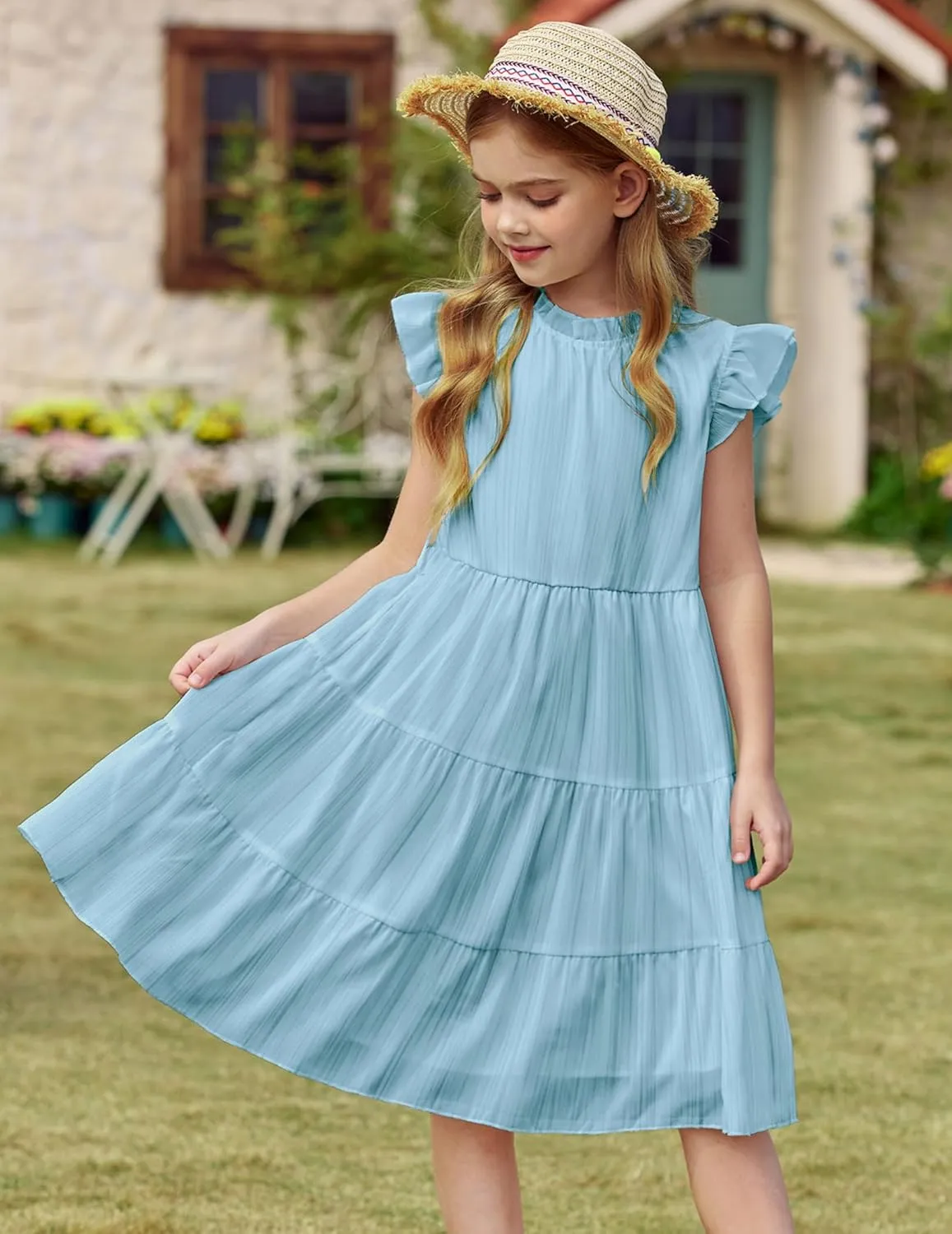Arshiner Tween Girls Summer Dress Formal Ruffle Sleeve A Line Casual Elegant Dresses with Belt