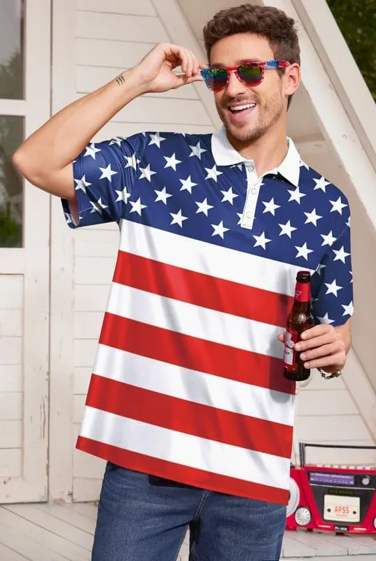 Arvilhill Men's American Flag Polo Shirt 4th of July Short Sleeve Golf Shirt