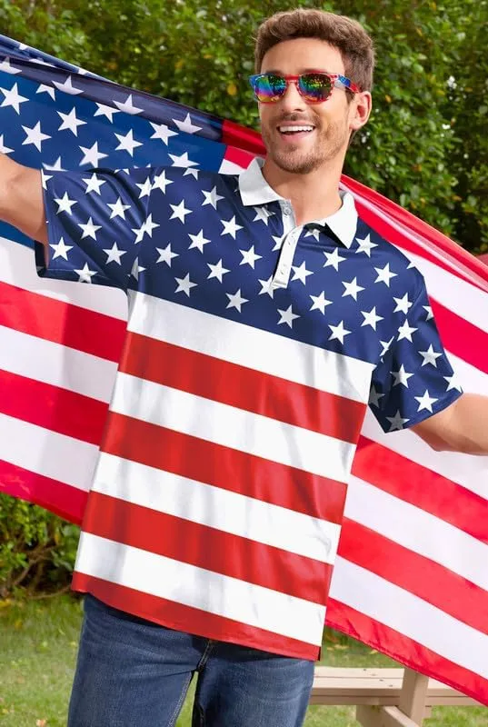 Arvilhill Men's American Flag Polo Shirt 4th of July Short Sleeve Golf Shirt