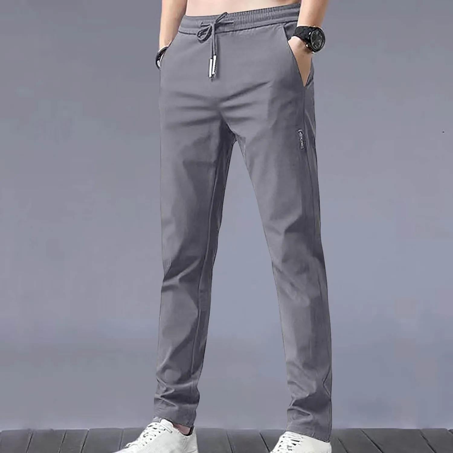 Aymnlox Mens Baggy Pants Straight Leg Slim Fit Lightweight Casual Pants Quick Dry Drawstring Stretch Trousers with Pockets