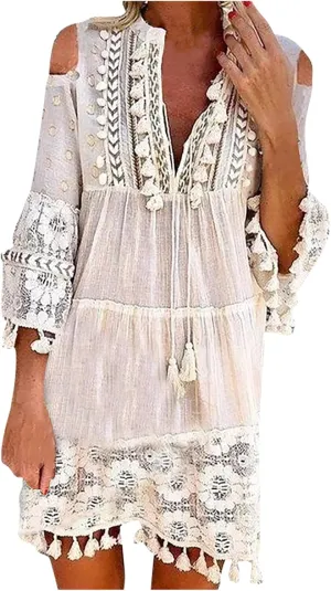Beach Dresses for Women Vacation Floral Shirt Beach Cover Up Dress 3/4 Sleeve Boho Tassel Tie Neck Dresses Sundresses