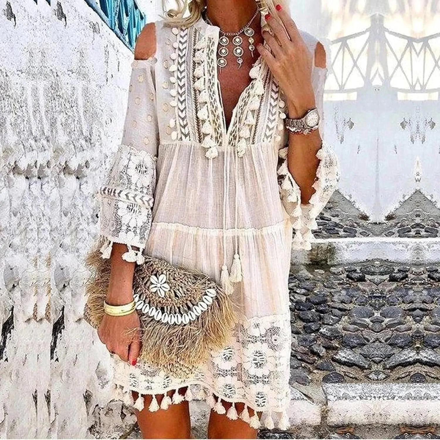 Beach Dresses for Women Vacation Floral Shirt Beach Cover Up Dress 3/4 Sleeve Boho Tassel Tie Neck Dresses Sundresses