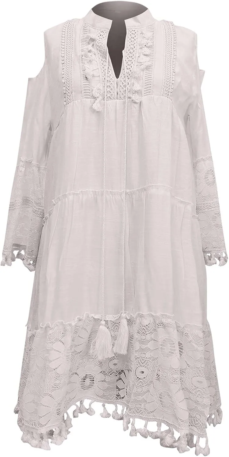 Beach Dresses for Women Vacation Floral Shirt Beach Cover Up Dress 3/4 Sleeve Boho Tassel Tie Neck Dresses Sundresses