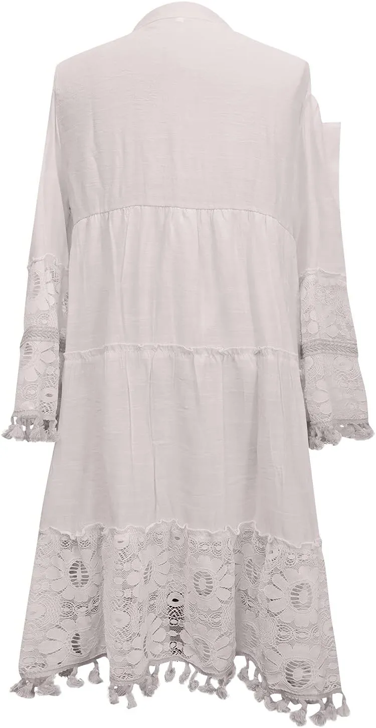 Beach Dresses for Women Vacation Floral Shirt Beach Cover Up Dress 3/4 Sleeve Boho Tassel Tie Neck Dresses Sundresses