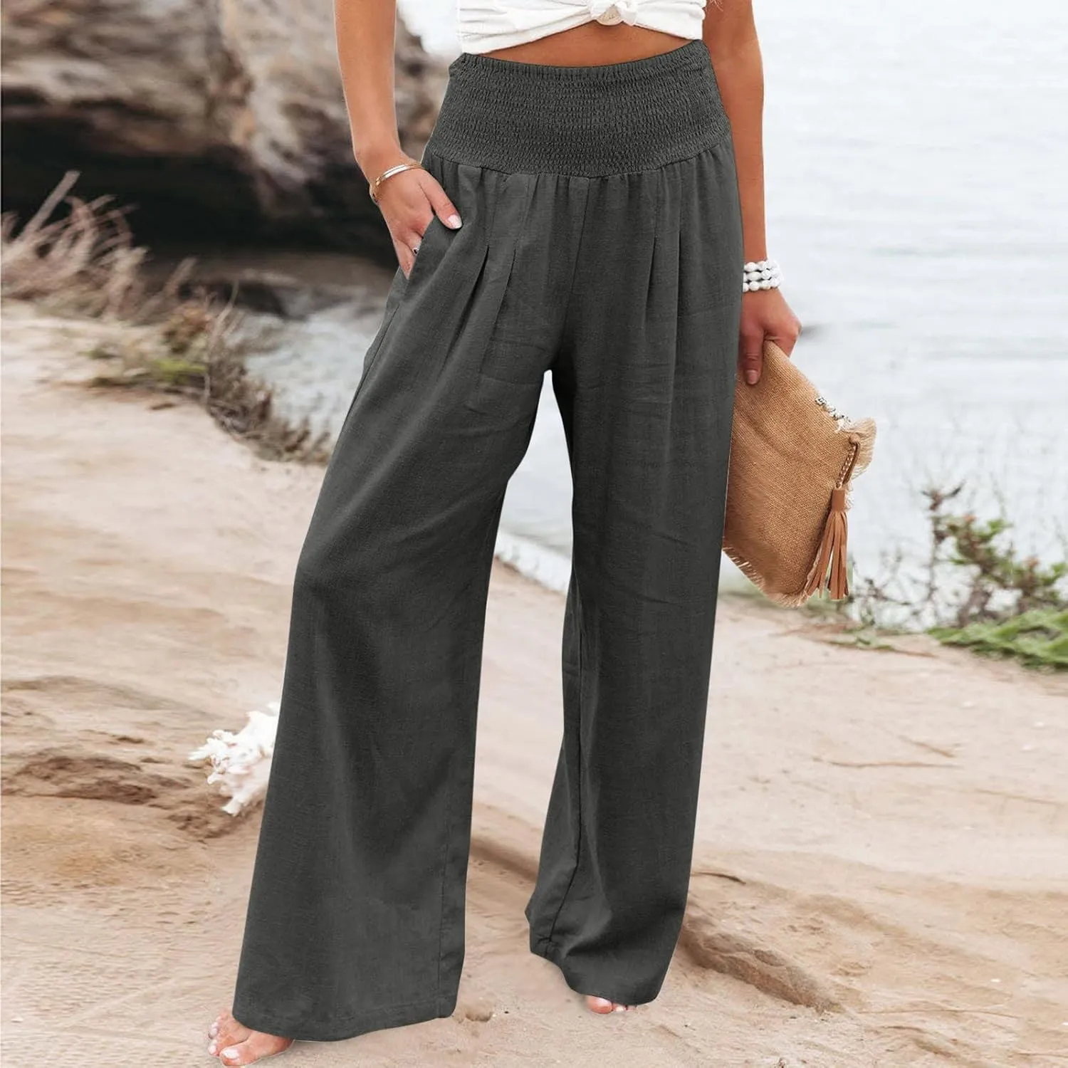 Boho Linen Palazzo Pants for Women Wide Leg Summer Lounge Pant Beach Vacation Casual Elastic High Waisted Trousers
