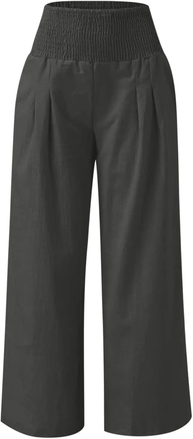 Boho Linen Palazzo Pants for Women Wide Leg Summer Lounge Pant Beach Vacation Casual Elastic High Waisted Trousers