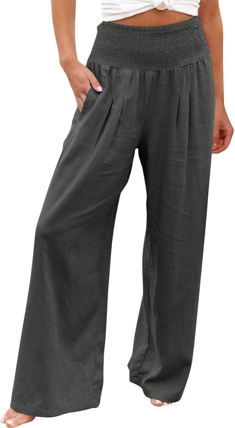 Boho Linen Palazzo Pants for Women Wide Leg Summer Lounge Pant Beach Vacation Casual Elastic High Waisted Trousers