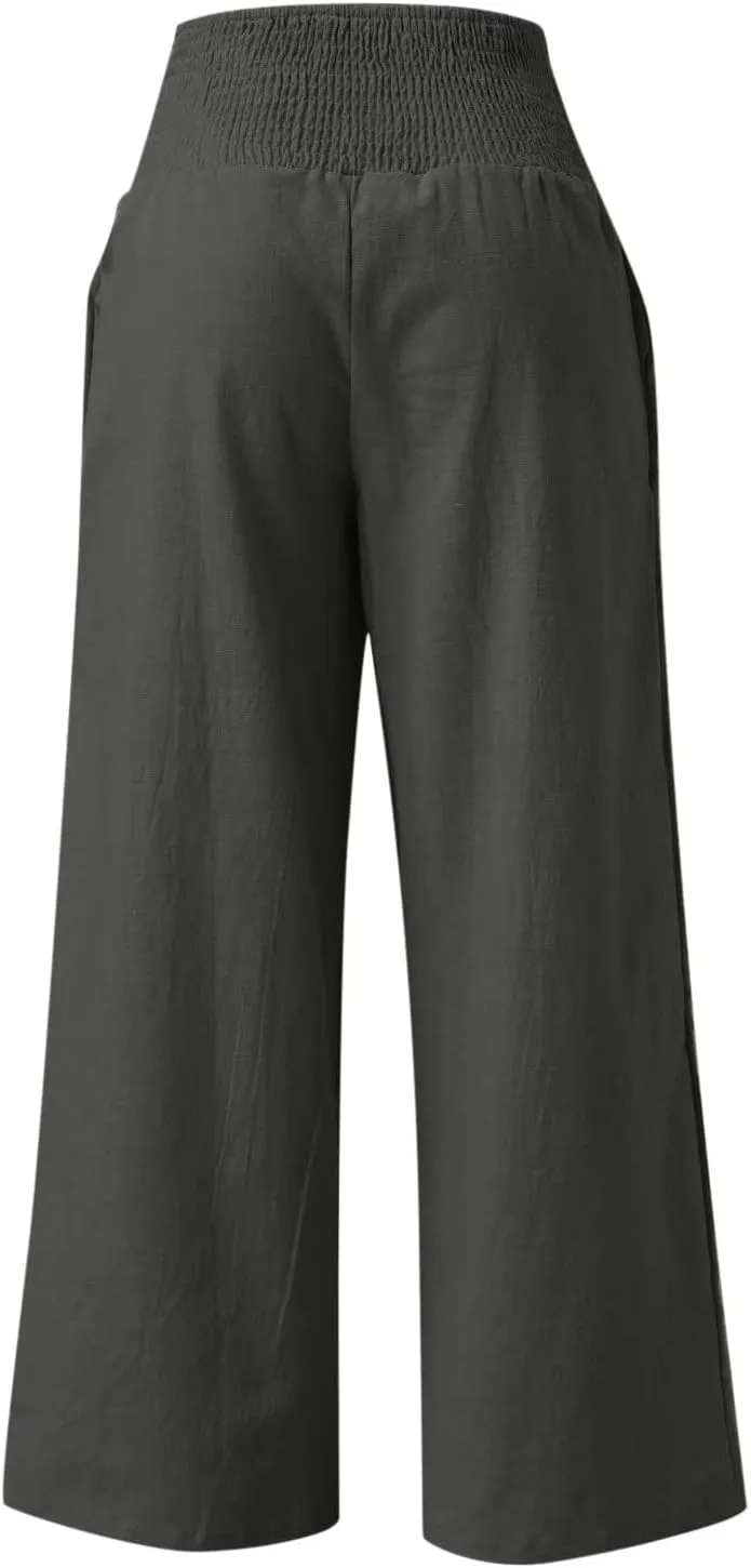 Boho Linen Palazzo Pants for Women Wide Leg Summer Lounge Pant Beach Vacation Casual Elastic High Waisted Trousers