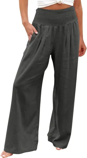 Boho Linen Palazzo Pants for Women Wide Leg Summer Lounge Pant Beach Vacation Casual Elastic High Waisted Trousers
