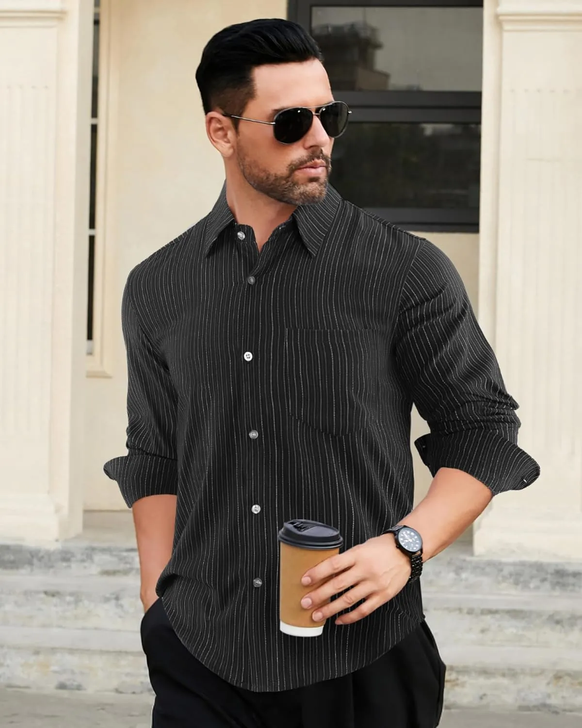 BOJIN Men's Dress Wrinkle-Free Stretch Long Sleeve Wedding Dating Business Casual Button Down Shirts with Pocket
